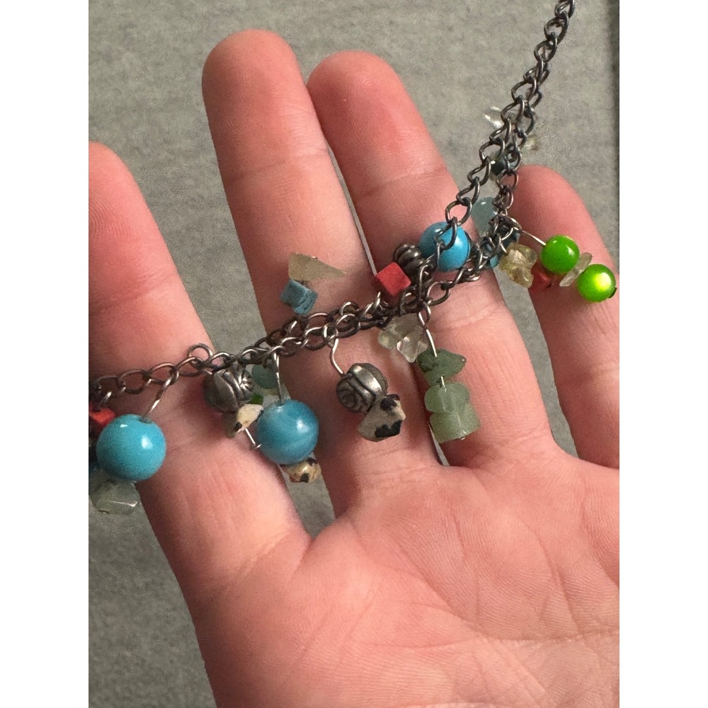 Boho Multi Color Bead Stone Charm Necklace Gunmetal Chain Turquoise Green Red